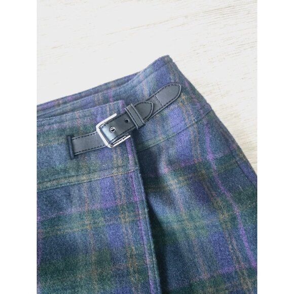 Lauren Ralph Lauren Wool Buckle Emerald Green Plaid Knee Short Wrap Skirt 8 M - Picture 3 of 5